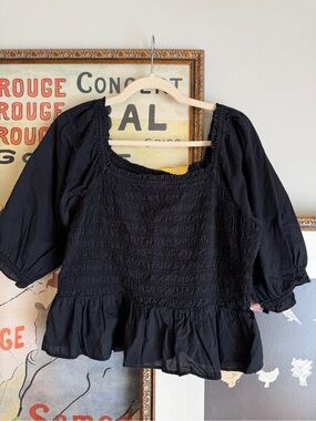 LOFT Black Smocked Peasant Top with Ruffle Hem